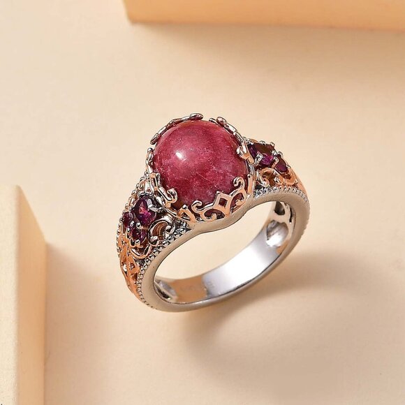 Ring Thulite and Orissa Rhodolite Garnet 6.65 ctw Victorian Blossom Size 10 - Picture 2 of 6